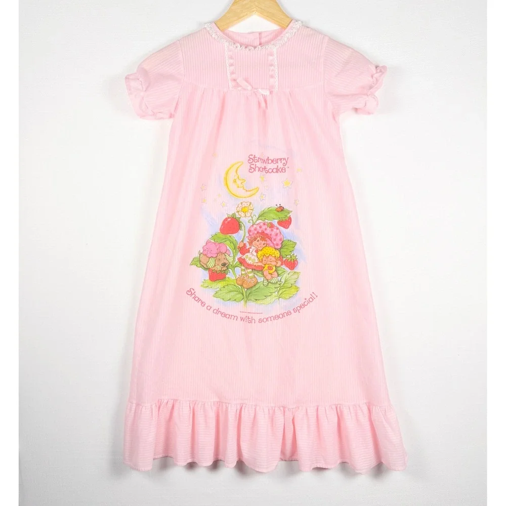 VTG Strawberry Shortcake‎ Nightgown Ruffle Lace Girls Sleepwear Pink Size 6-8